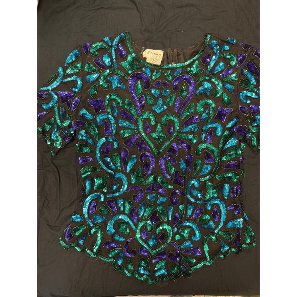 Stenay Tops - Stenay Vintage Silk Sequin Blouse Teal Purple Green Beaded Evening Top Large